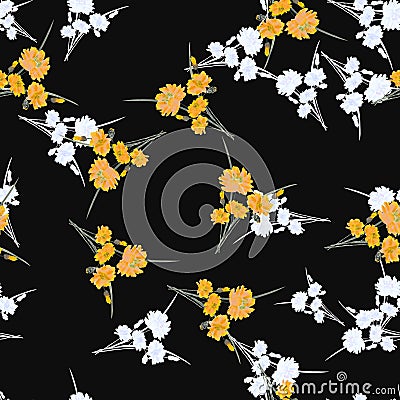 Seamless pattern of wild small white and yellow flowers and bouquets on the black background. Watercolor. Stock Photo