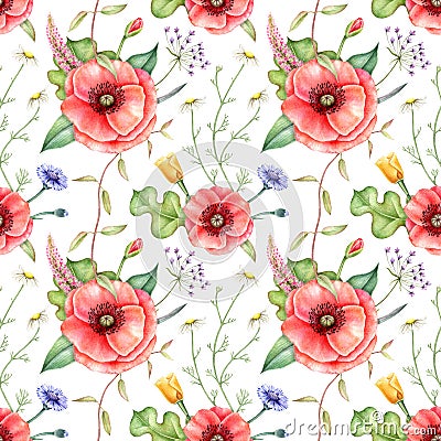 Seamless pattern with wildflowers. Hand drawn watercolor illustration. Cartoon Illustration