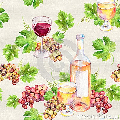 Seamless pattern. Wine glass, bottle, vine leaves, grape berries. Watercolor Stock Photo