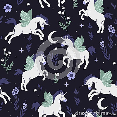 Seamless pattern with winged unicorns, stars and flowers. Vector graphics Vector Illustration
