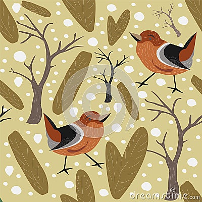 Seamless Pattern. Winter. Birdss, spruce, berries, fir and trees Stock Photo