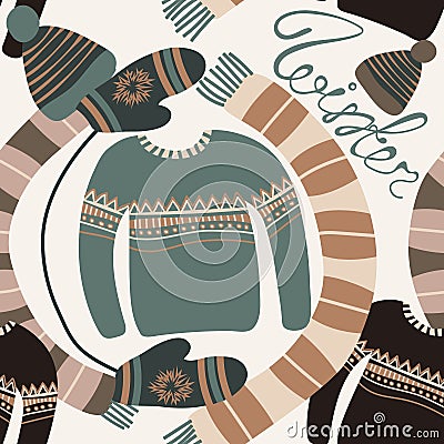 Seamless pattern with winter clothing. Warm woollies. Clothes for cold weather. Mittens,hats, scarf, sweaters Vector Illustration