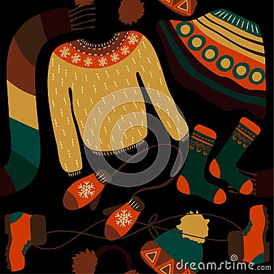 Seamless pattern with winter clothing. Warm woollies. Clothes for cold weather Vector Illustration