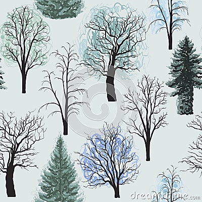 Seamless pattern with winter Deciduous coniferous trees set. Christmas trees Vector Illustration