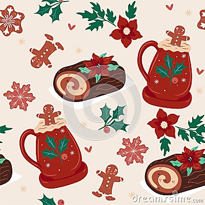 Seamless pattern with winter drinks and biscuits. Vector graphics Vector Illustration