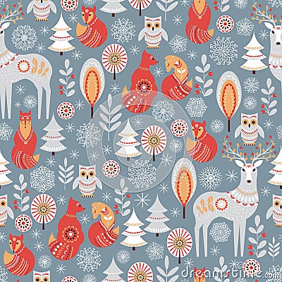 Seamless pattern with winter forest, deer, owl and Fox. Vector Illustration