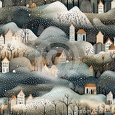 Seamless pattern with winter houses and trees. Detailed background in soft neutral colors, texture design for fabric textile or Stock Photo