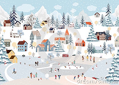 Seamless pattern Winter landscape,Celebrating Christmas and New Year 2024 in village at night with happy people playing ice skate Stock Photo