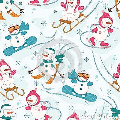 Seamless pattern with winter sport snowman Vector Illustration