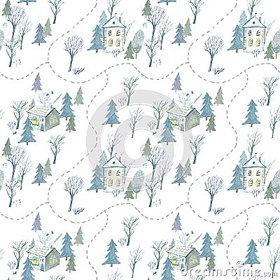 Seamless pattern of a winter town and road. House,park,tree. Cartoon Illustration