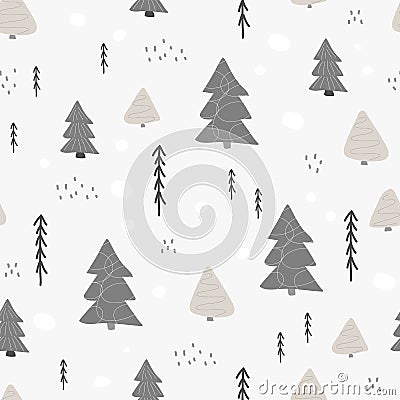 Seamless pattern with winter wood, trees, and ink drawn elements Stock Photo
