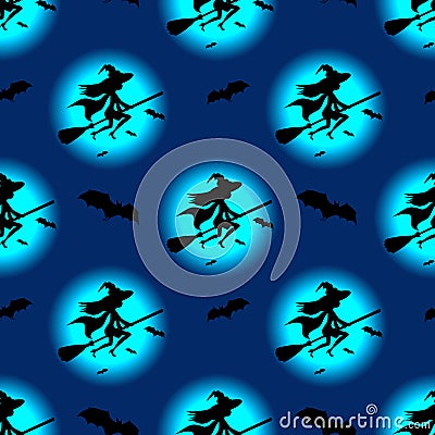 Seamless pattern witch silhouette hat flying on broom. Vector halloween decoration, walpurgis night invitation card, wrapping Vector Illustration