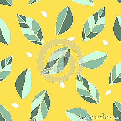 Seamless pattern witj citrus leaf and seed. Yellow background Vector Illustration