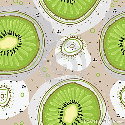 Seamless pattern witn kiwi fruit, dots and circles. Hand drawn style for wrapping paper, banners, textile. Stock Photo