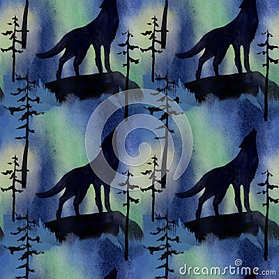 Seamless pattern wolf on the background of the northern lights watercolor Stock Photo