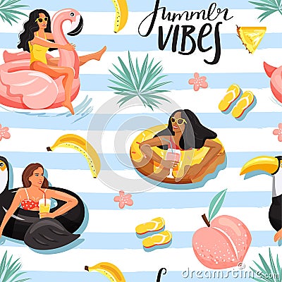 Seamless pattern with womans floating on inflatable rings. Summer rest. Vector Illustration