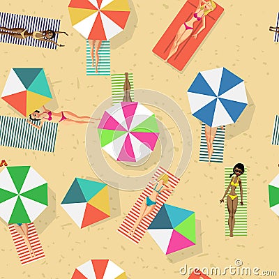 Seamless pattern with women in bikini sunbathe on the beach. Car Vector Illustration