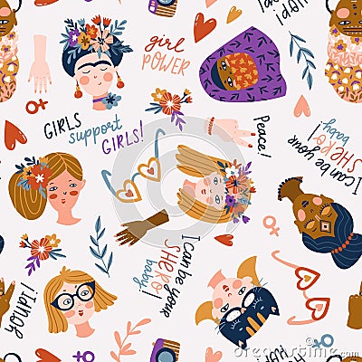Seamless pattern - women of different nationalities and religions, International women day, girl protest. Cute and funny girls. Vector Illustration