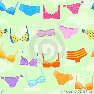 Seamless pattern with women`s lingerie hanging at rope Vector Illustration