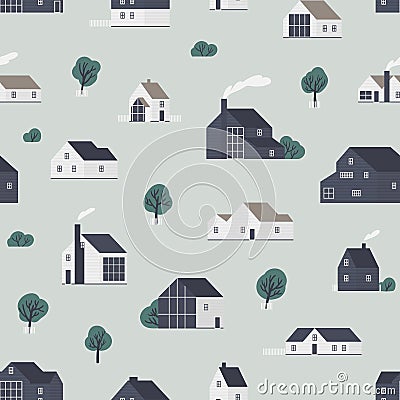 Seamless pattern with wooden country houses, town cottages, dwelling in Scandic style. Backdrop with suburban Vector Illustration