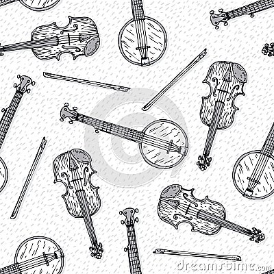 Seamless Pattern with Wooden Fiddle and Banjo Vector Illustration