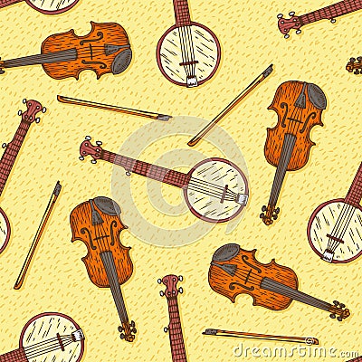 Seamless Pattern with Wooden Fiddle and Banjo Vector Illustration