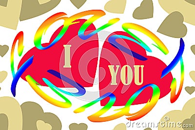 Seamless pattern of the words `I love you` and hearts of different sizes and colors. Stock Photo