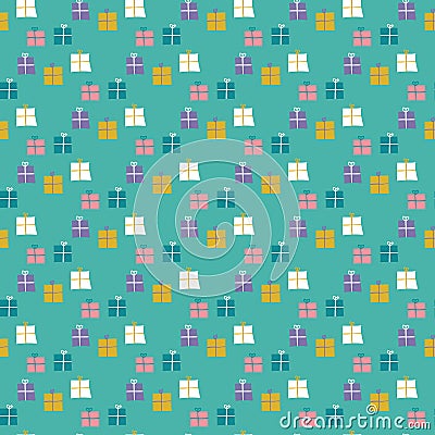 Seamless pattern of wrapped gifts on a mint green background. Vector Illustration