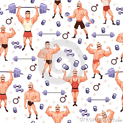 Seamless pattern with wrestlers. Cartoon bodybuilder characters. Funny men with with dumbbells, decor textile, wrapping Vector Illustration
