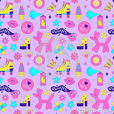 Seamless pattern with y2k style elements. Acidic vivid neon colors. Bright youth pattern with 90 s characters. Roller Vector Illustration