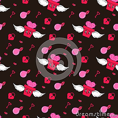 Seamless pattern with y2k style elements. Bright youth pattern with Groovy symbols. Smiling Cactus, Heart angel, lock Vector Illustration