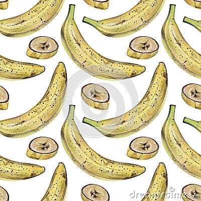 Seamless pattern with yellow bananas drawn by hand with colored pencil Stock Photo