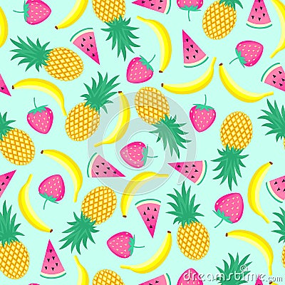 Seamless pattern with yellow bananas, pineapples and juicy strawberries on mint green background. Vector Illustration