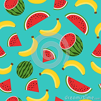 Seamless pattern with yellow bananas, watermelon on blue background. Summer fruit illustration. Colorful cute tropical Vector Illustration