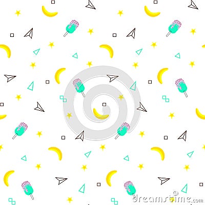 Seamless pattern with yellow bananas and watermelon, ice cream on white background. Memphis vector background. Bright Vector Illustration