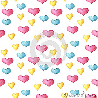 Seamless pattern with yellow, blue and pink hearts. Children's illustration. Cartoon Illustration