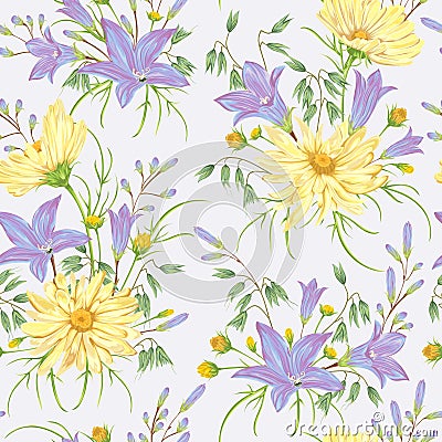 Seamless pattern with yellow chamomile flowers, blue bluebells flowers and oat. Rustic floral background. Vector Illustration