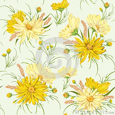 Seamless pattern with yellow chamomile flowers and millet. Rustic floral design Vector Illustration