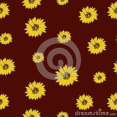 Seamless pattern: yellow flowers of sunflowers on a brown background. Vector. Vector Illustration