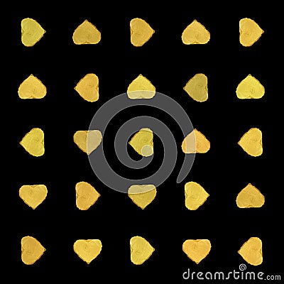Seamless pattern of yellow hearts, black background with chocolate in a yellow heart wrapper. Pattern asymmetry and symmetry. Stock Photo