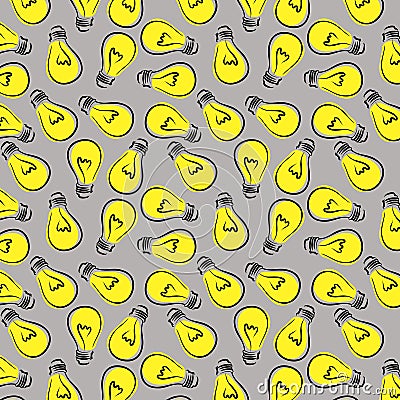 Seamless pattern with yellow light bulb on gray background. Vector Illustration