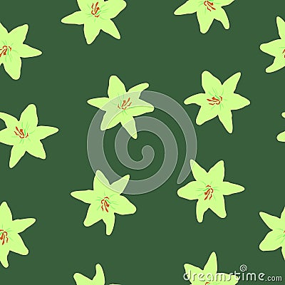 Seamless pattern yellow lilies on green background. Girls drawn summer floral print, vector eps 10 Vector Illustration