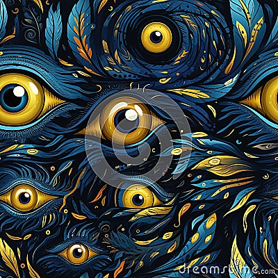seamless pattern with yellow looking eyes on dark blue background Stock Photo