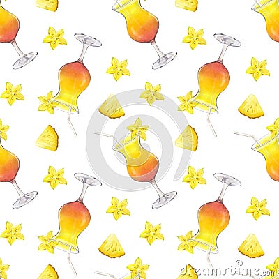 Seamless pattern yellow orange beach cocktail with carambola, pineapple. Summer tropical drink. Party time. Hand-drawn Cartoon Illustration