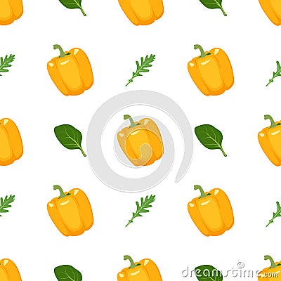 Seamless pattern with yellow peppers, arugula and basil Vector Illustration