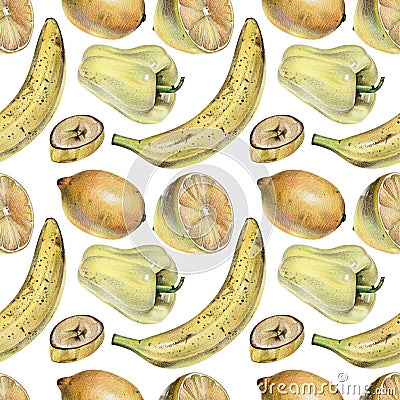 Seamless pattern with yellow peppers, bananas and lemons drawn by hand with colored pencil Stock Photo