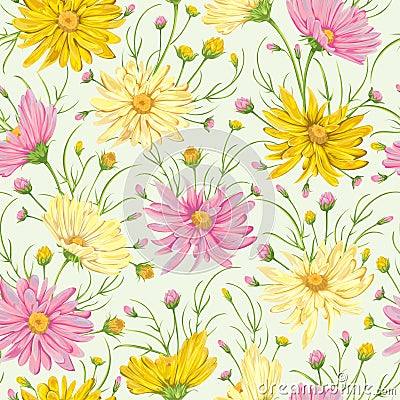 Seamless pattern with yellow and pink chamomile flowers. Rustic floral design Vector Illustration