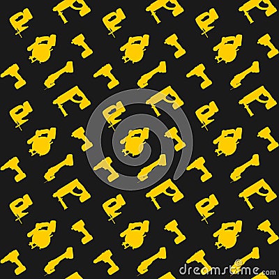 Seamless pattern yellow power tools on dark background Vector Illustration