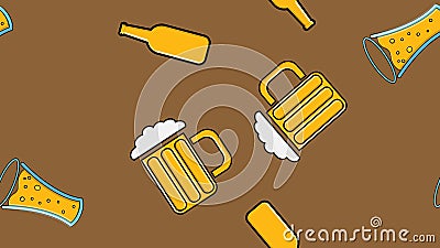 Seamless pattern of yellow repeating alcoholic beer glasses glass with beer frothy hop glass of malt craft lager on a brown Vector Illustration