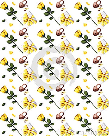Seamless pattern with yellow roses, leafs, gift box Stock Photo